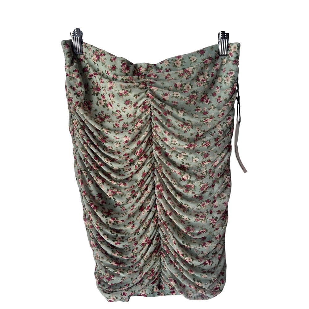 Haute Monde Sage Green Floral Ruched Mesh Mini Skirt Womens Large